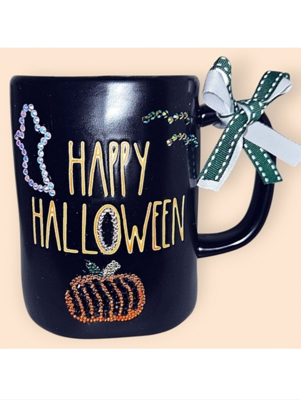 Handmade Rae Dunn "HAPPY HALLOWEEN" Gift Mug w/ Crystals and Bows